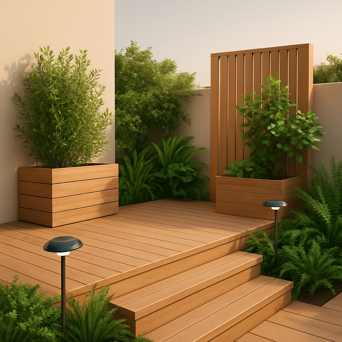 A beautifully designed eco-friendly deck featuring sustainable materials, lush greenery, and solar-powered lighting, perfect for environmentally conscious homeowners.